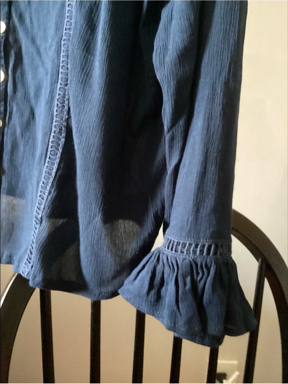 L Ruffled Front Dark Navy Blue Long Sleeve Romantic Blouse